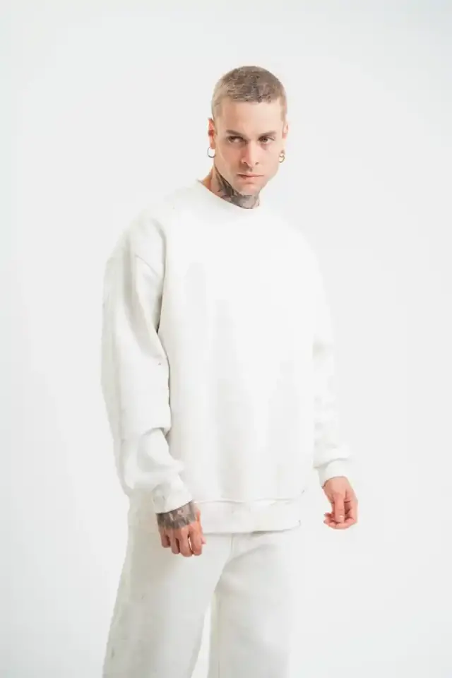 ERKEK 3 İplik Pamuklu Bisiklet Yaka Yıkamalı SweatShirt - Beyaz