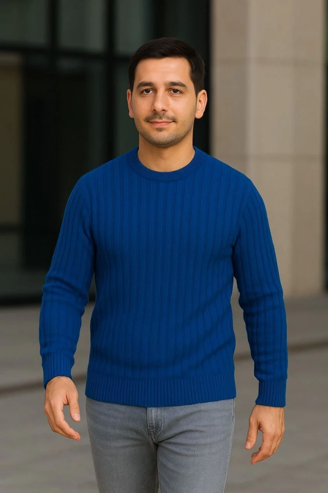 Erkek Fitilli Triko Bisiklet Yaka Kalın Kazak 3'lü Set Beyaz-Saks Mavisi-Siyah