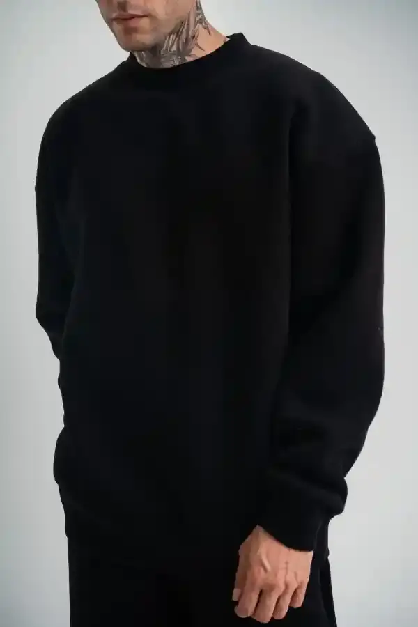 Erkek Uzun Kol Bisiklet Yaka 3 iplik Pamuklu Kışlık SweatShirt - Siyah