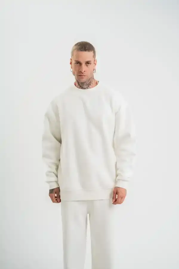 Erkek Uzun Kol Bisiklet Yaka 3 iplik Pamuklu Kışlık SweatShirt  - Beyaz