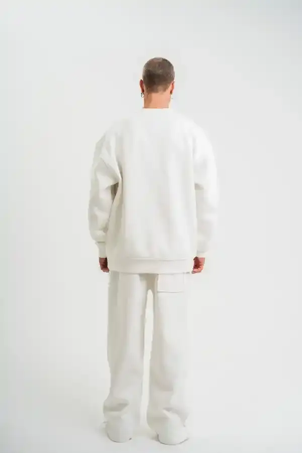 Erkek Uzun Kol Bisiklet Yaka 3 iplik Pamuklu Kışlık SweatShirt  - Beyaz