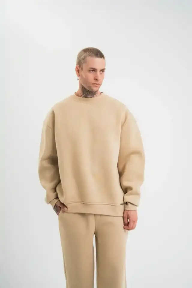 Erkek Uzun Kol Bisiklet Yaka 3 iplik Pamuklu Kışlık SweatShirt  - Bej