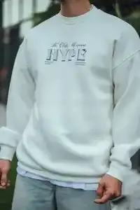 Erkek 3 İplik Pamuklu Bisiklet Yaka Baskılı SweatShirt - Beyaz