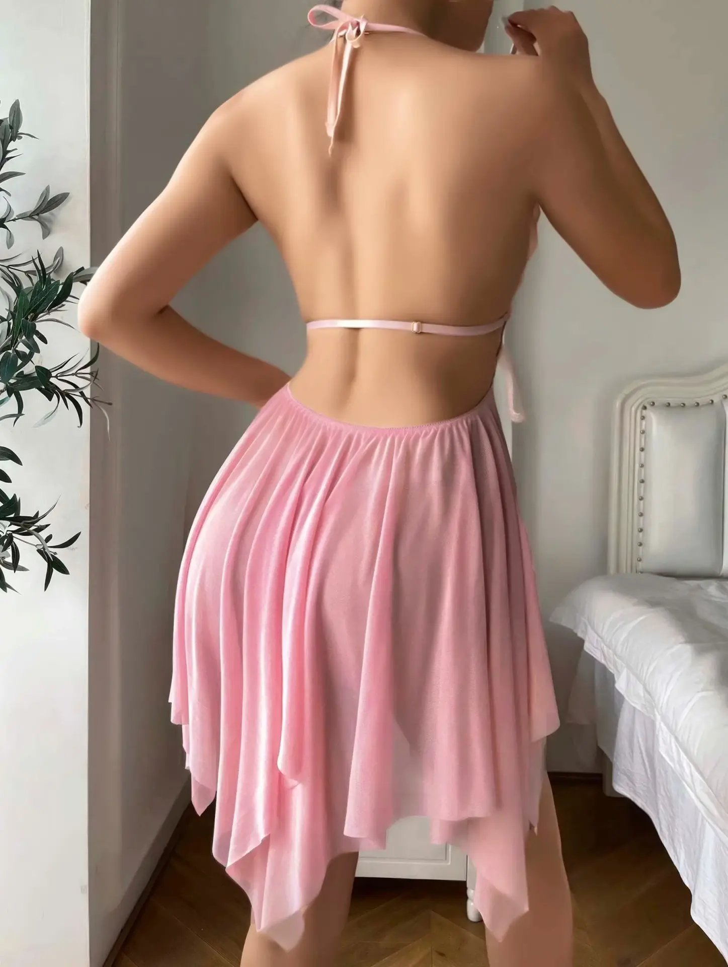 Kadın Pembe Kelebek Detaylı Tül Fantezi Gecelik 2296