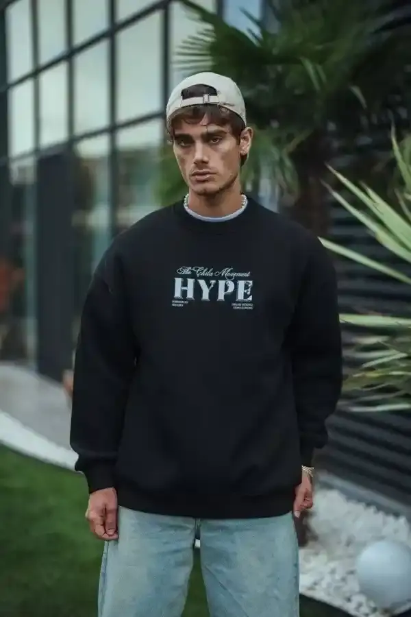 Erkek 3 İplik Pamuklu Bisiklet Yaka Baskılı SweatShirt - Siyah