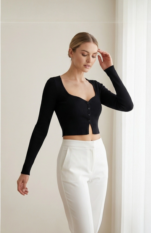 Kadın Siyah Uzun Kollu Düğmeli Göğüs ve Göbek Dekolteli Crop Top Bluz – Şık, Rahat ve Kolay Kombinlenebilir