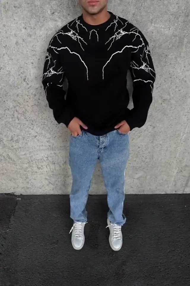 Erkek 3 iplik pamuklu Yıldırım Baskılı Bisiklet Yaka SweatShirt - Siyah