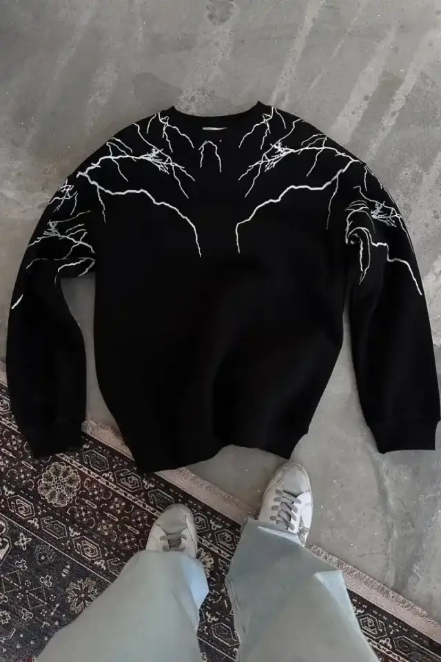 Erkek 3 iplik pamuklu Yıldırım Baskılı Bisiklet Yaka SweatShirt - Siyah