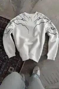 Erkek Yıldırım Baskılı Bisiklet Yaka 3 iplik pamuklu SweatShirt - Beyaz