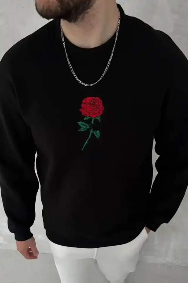 ERKEK 3 iplik Pamuklu Bisiklet Yaka Ön Ve Arka Baskılı SweatShirt - Siyah