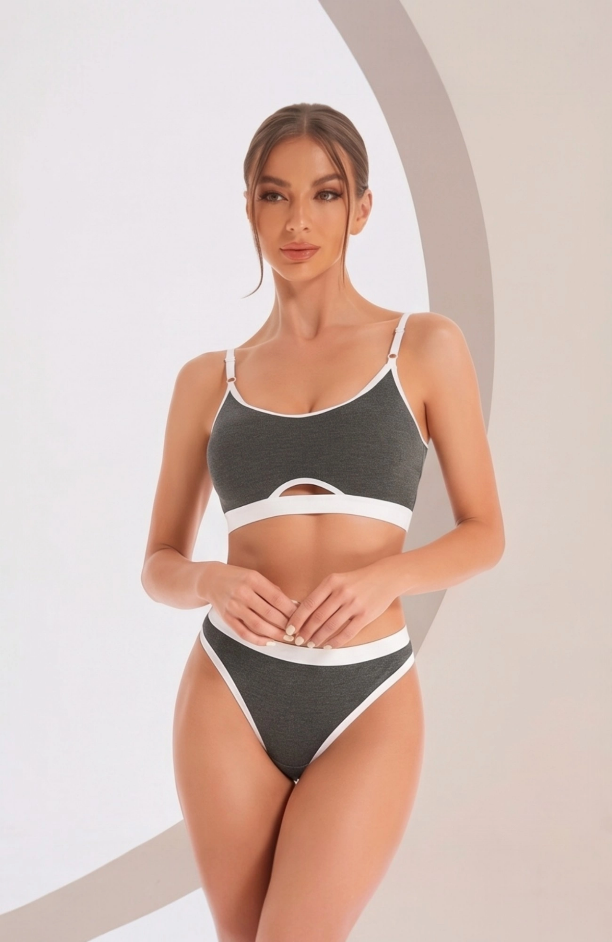 Kadın Gri Antrasit Kaşkorse ve Beyaz Lastikli Cut-Out Tanga Külotlu Takım – Modern, Konforlu