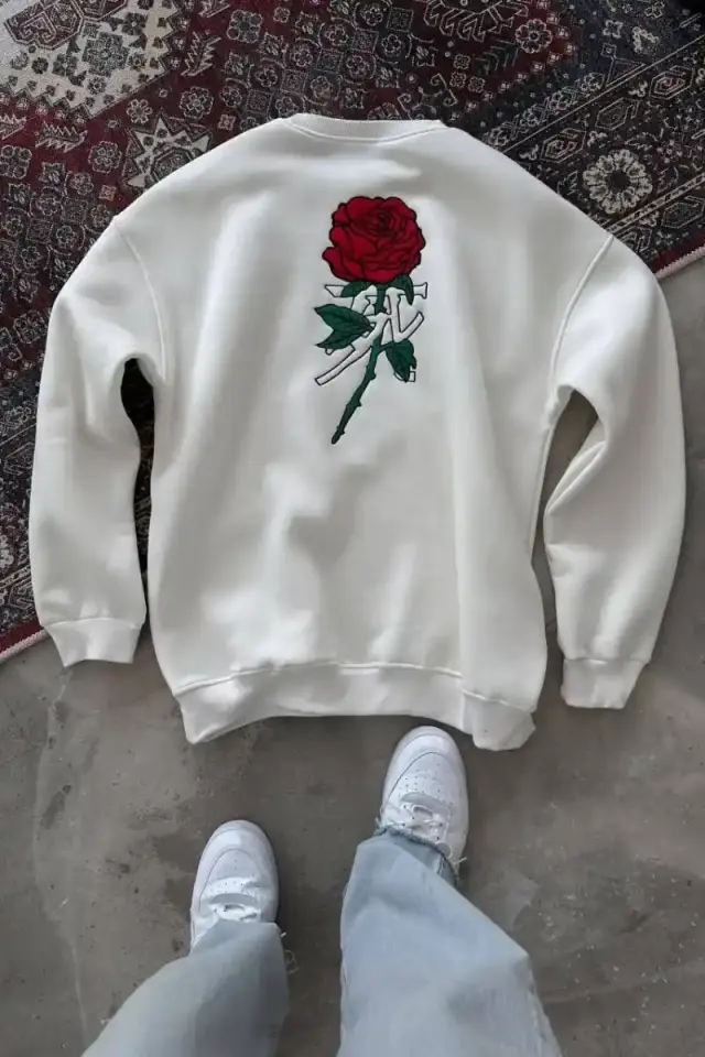 ERKEK 3 iplik Pamuklu Bisiklet Yaka Ön Ve Arka Baskılı SweatShirt -  Beyaz