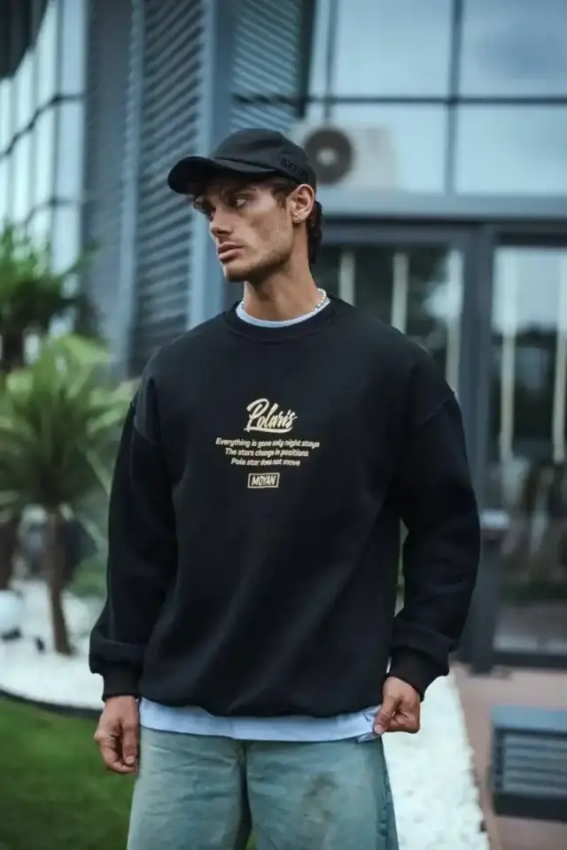 Erkek 3 iplik pamuklu Bisiklet Yaka Ön Ve Arka Baskılı SweatShirt - Siyah