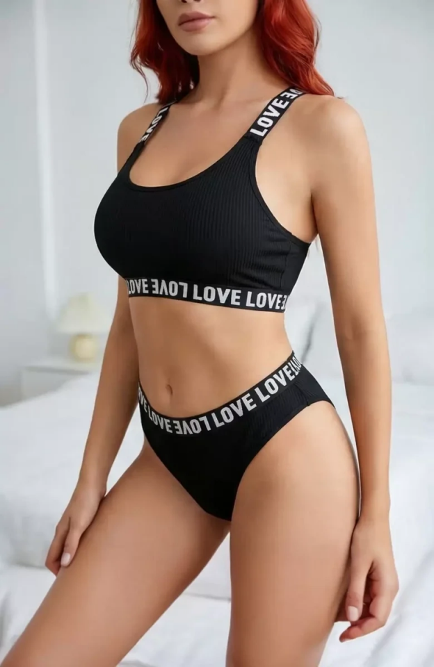 Kadın Siyah Çapraz Sırt ve Love Lastik Detaylı Sütyen Külot Takım