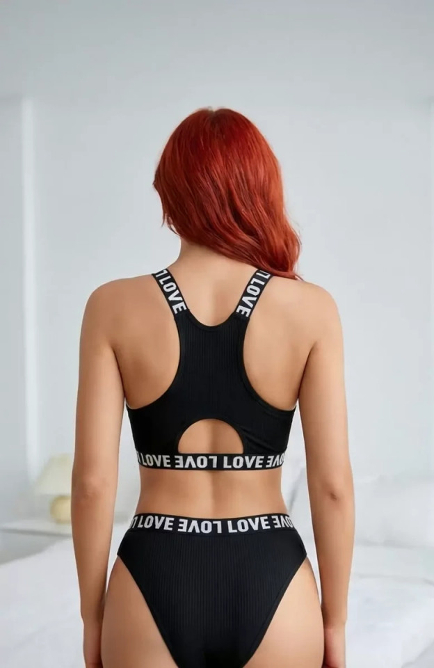 Kadın Siyah Çapraz Sırt ve Love Lastik Detaylı Sütyen Külot Takım