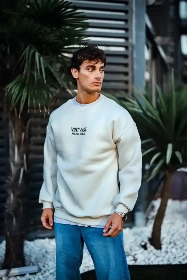 Erkek Bisiklet Yaka 3 İplik pamuklu Baskılı SweatShirt - Beyaz