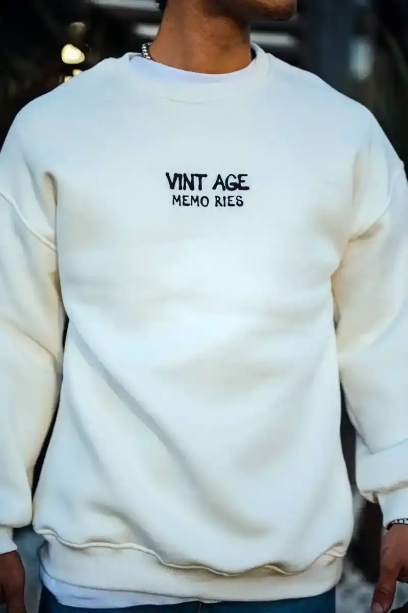 Erkek Bisiklet Yaka 3 İplik pamuklu Baskılı SweatShirt - Beyaz