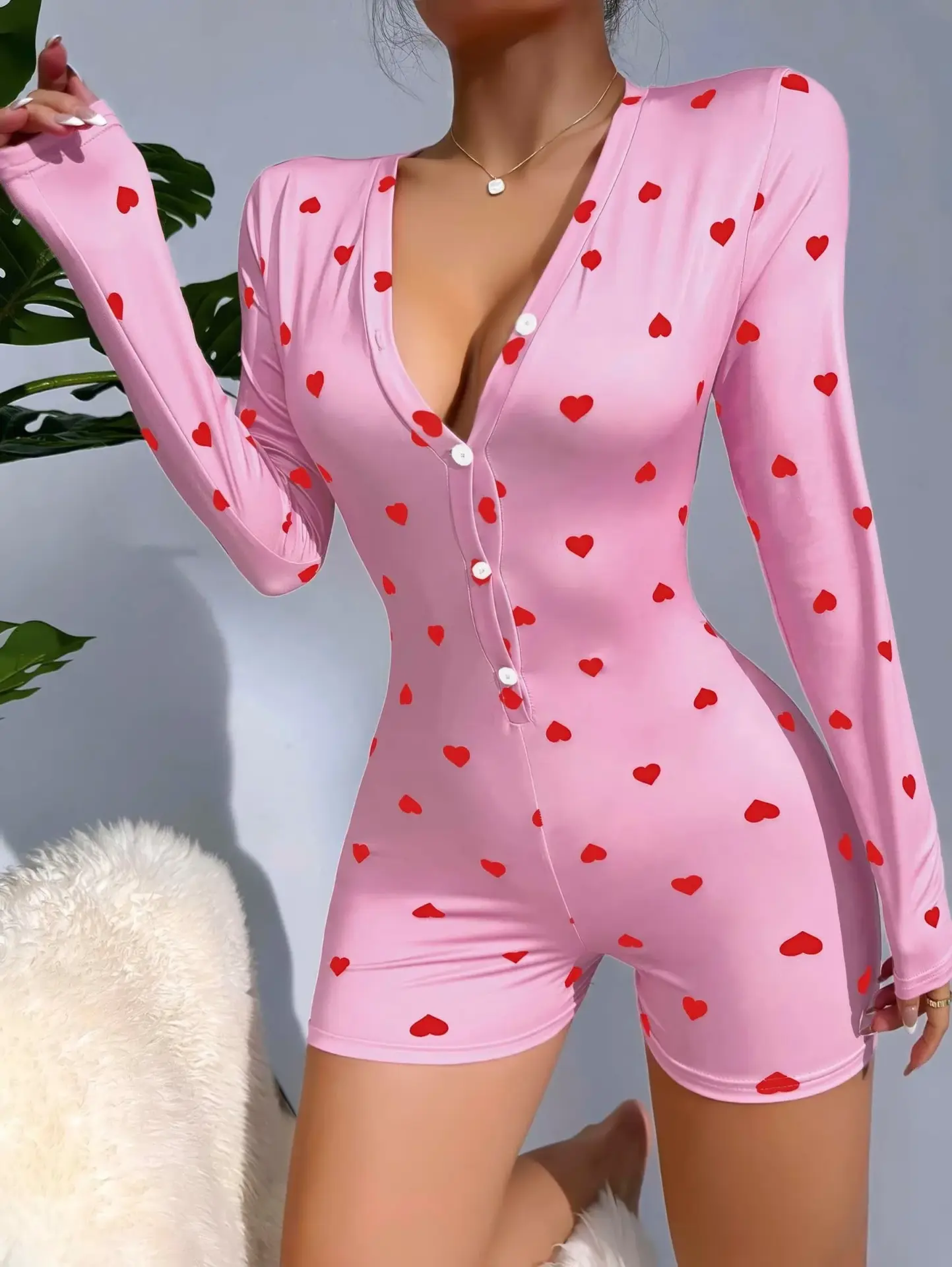 Kadın Pembe Kalp Desenli Pijama Tulumu 5121