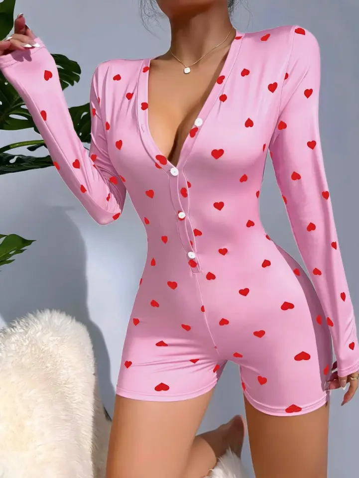 Kadın Pembe Kalp Desenli Pijama Tulumu 5121