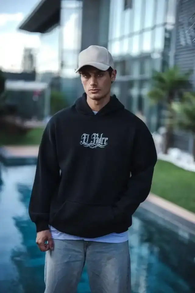 Erkek 3 İplik Pamuklu Kapüşonlu Baskılı Cepli Oversize Sweatshirt Hoodie - Siyah