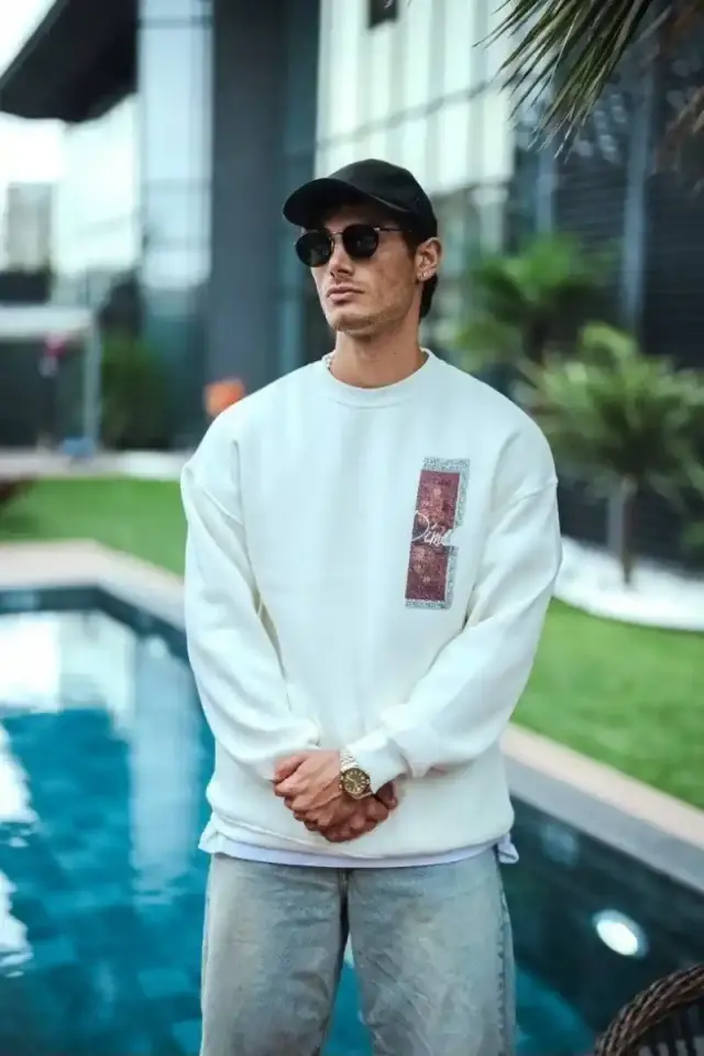Erkek 3 iplik pamuklu Bisiklet Yaka Ön ve Arka Baskılı SweatShirt - Beyaz
