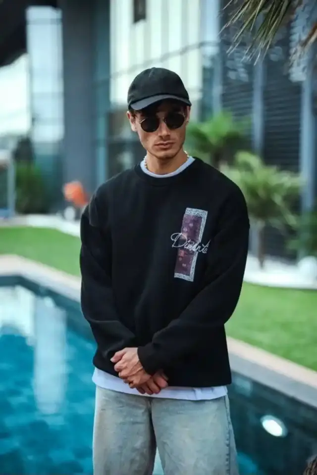 Erkek 3 iplik pamuklu Bisiklet Yaka Ön ve Arka Baskılı SweatShirt - Siyah
