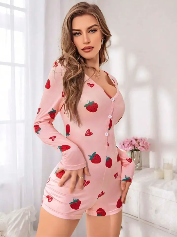 Kadın Pembe Çilek Desenli Pijama Tulumu 5125