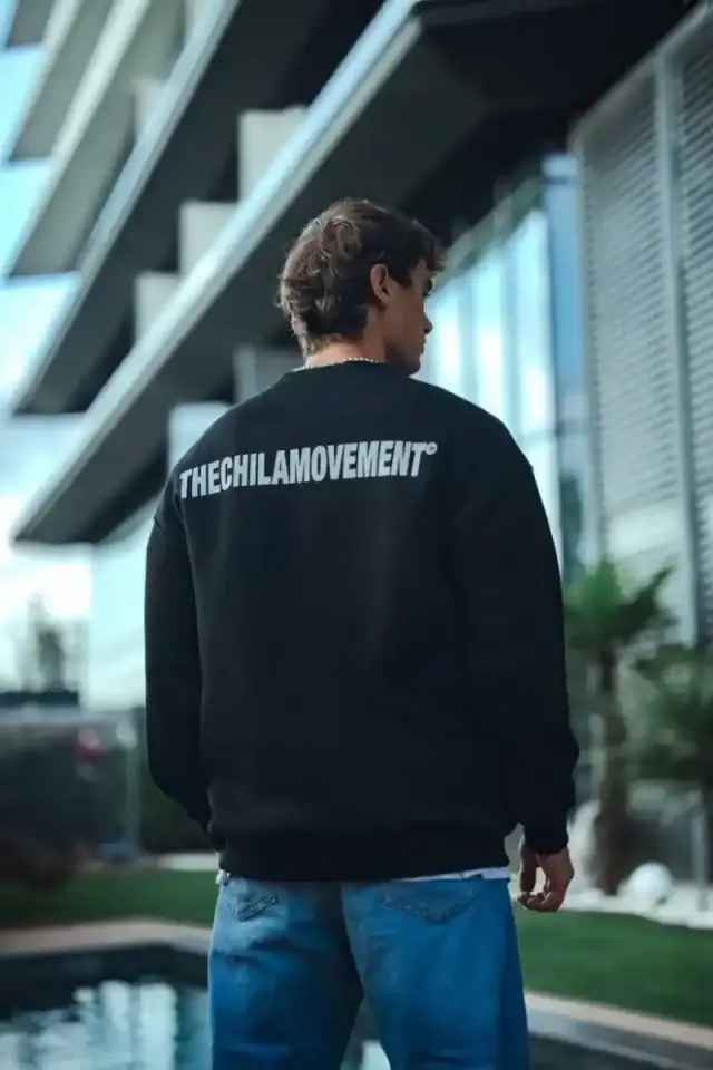 Erkek 3 iplik Pamuklu Bisiklet Yaka Oversize Baskılı SweatShirt - Siyah
