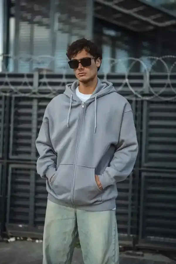 Erkek Tam Fermuarlı Cepli Kapüşonlu 3 iplik pamuklu hoodie Sweatshirt - Gri