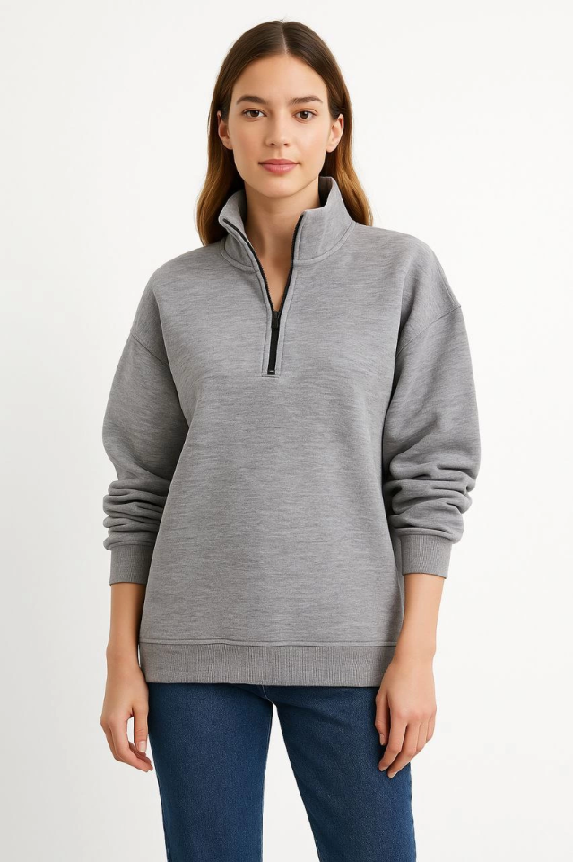 Üç İplik Dık Yaka Yarım Fermuarlı SweatShirt - Gri