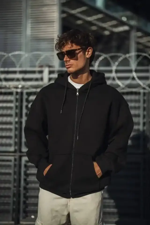Erkek Tam Fermuarlı Cepli Kapüşonlu 3 iplik pamuklu hoodie Sweatshirt - Siyah