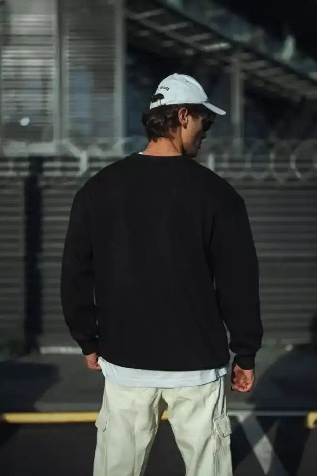 Erkek pamuklu Bisiklet Yaka 3 İplik Basic SweatShirt - Siyah
