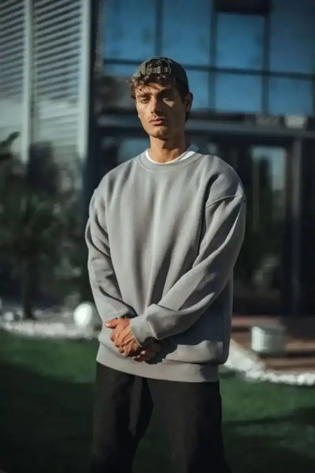 Erkek Bisiklet Yaka 3 İplik pamuklu Basic SweatShirt - Boyalı Gri