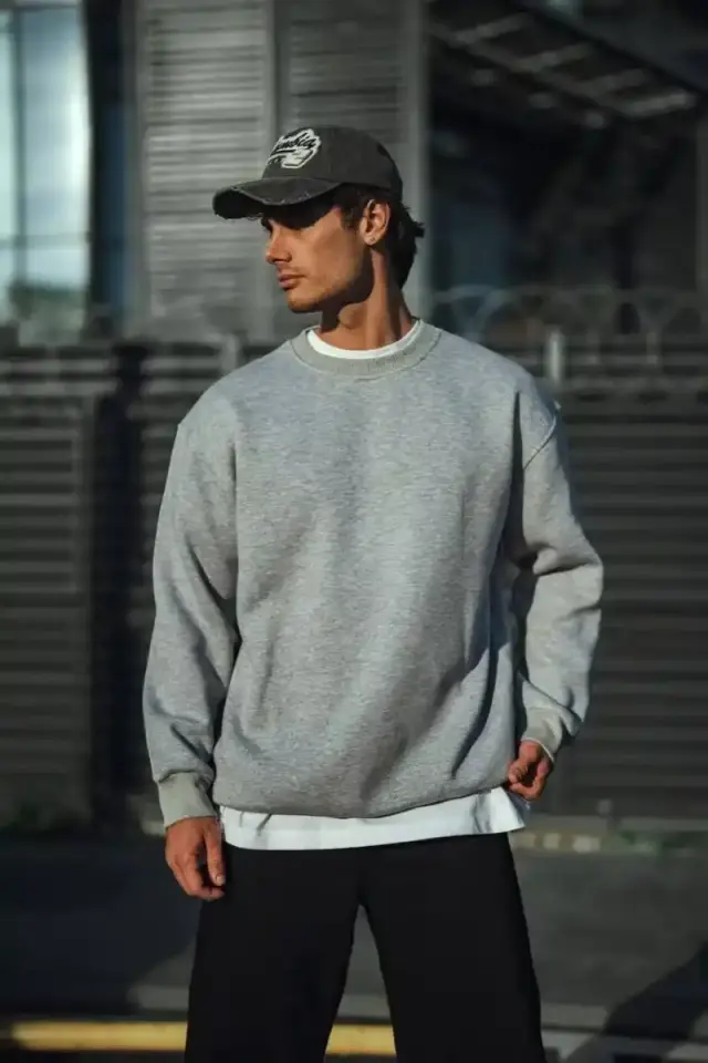 Erkek Kışlık Bisiklet Yaka 3 İplik Basic SweatShirt - Gri