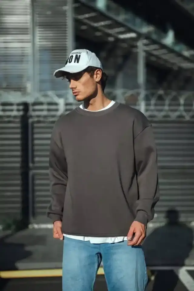 Erkek Bisiklet Yaka 3 iplik Pamuklu Basic SweatShirt  - Antrasit