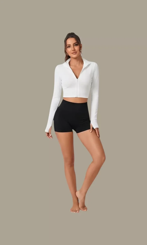 Kadın Beyaz Uzun Kol Fermuarlı Parmak Geçme Detaylı Dik Yaka Crop Top Bluz
