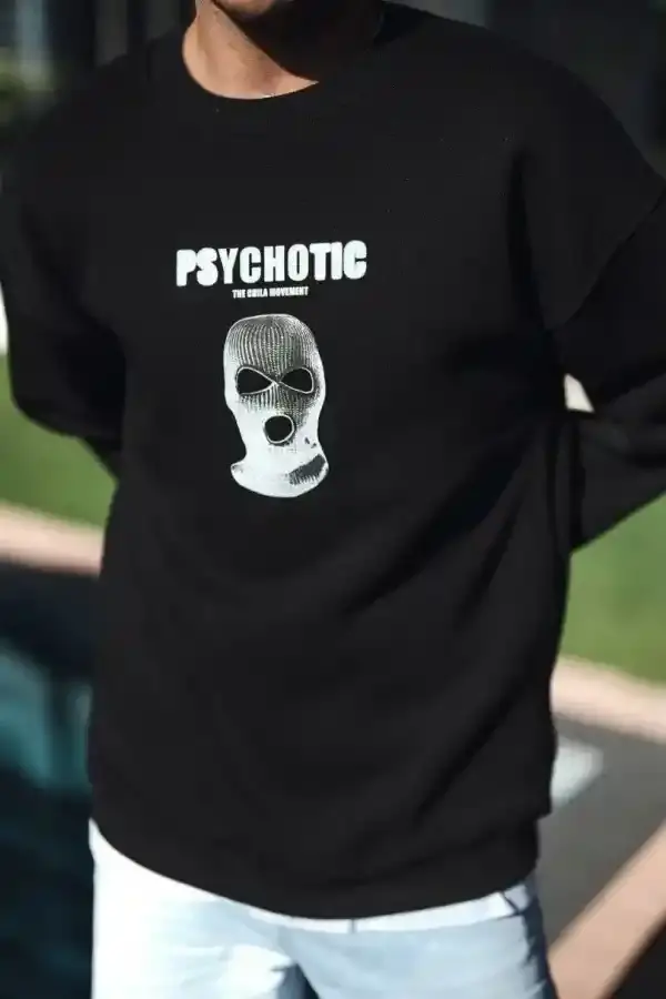 Erkek 3 iplik pamuklu Kışlık Bisiklet Yaka Baskılı SweatShirt - Siyah