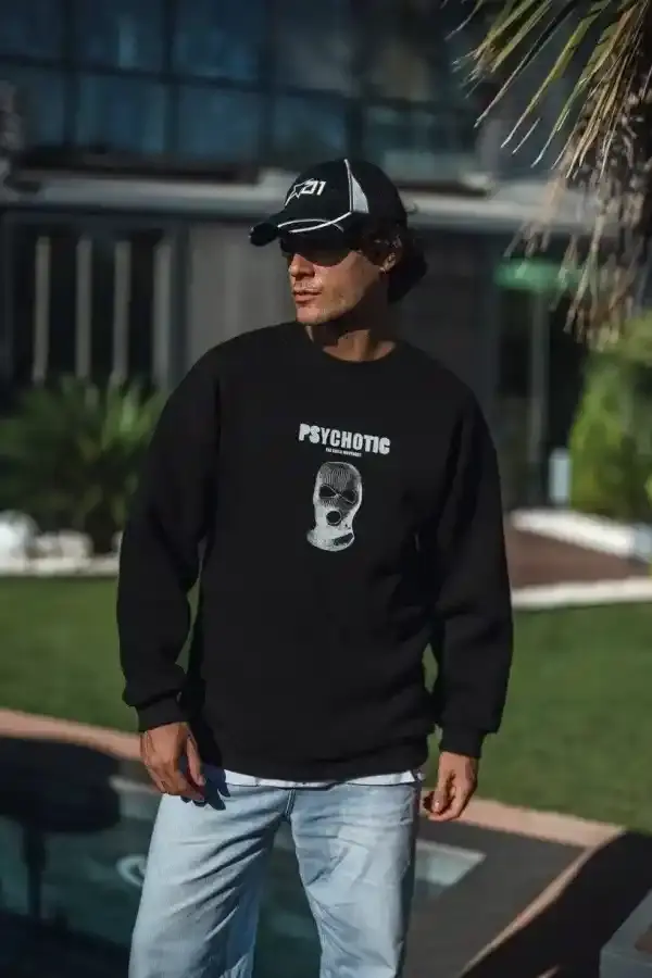 Erkek 3 iplik pamuklu Kışlık Bisiklet Yaka Baskılı SweatShirt - Siyah
