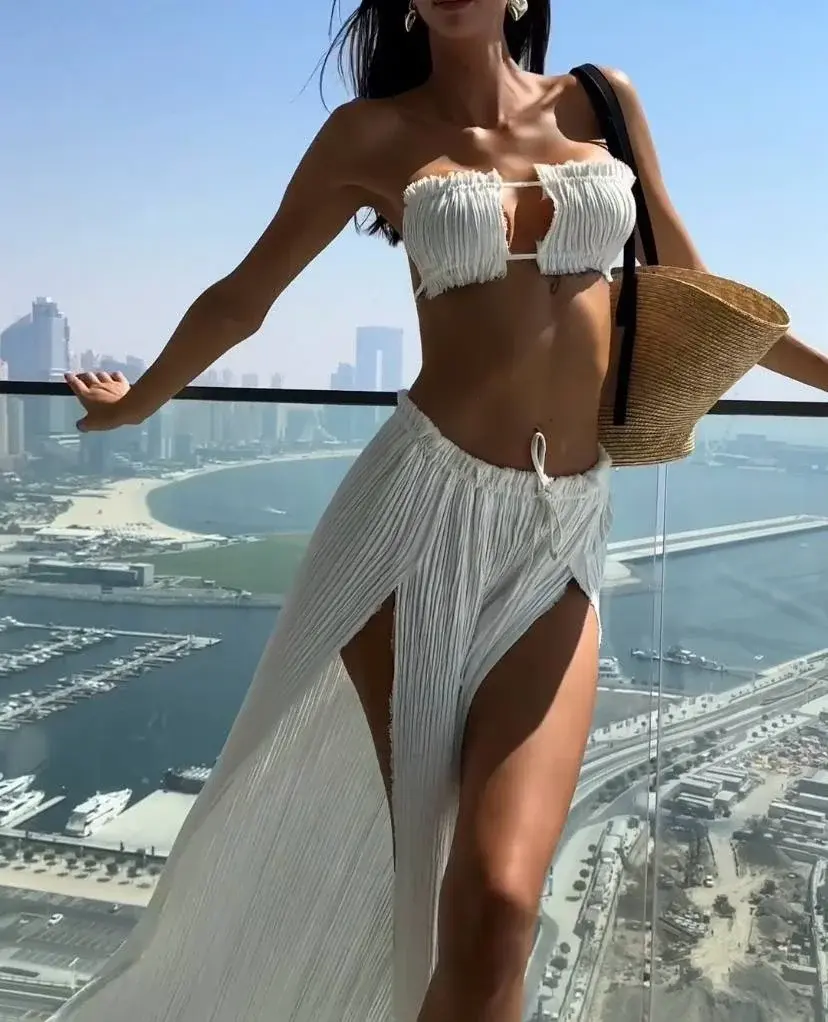 Morliva Beyaz Plise Kumaş İkili Takım