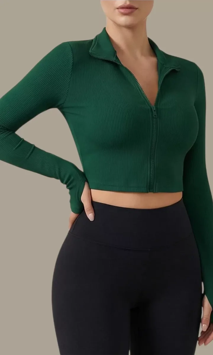 Kadın Yeşil Uzun Kol Fermuarlı Parmak Geçme Detaylı Dik Yaka Crop Top Bluz