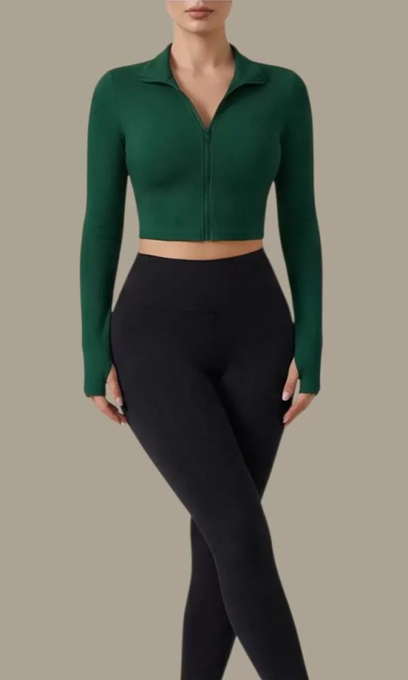 Kadın Yeşil Uzun Kol Fermuarlı Parmak Geçme Detaylı Dik Yaka Crop Top Bluz