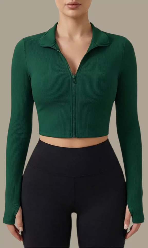 Kadın Yeşil Uzun Kol Fermuarlı Parmak Geçme Detaylı Dik Yaka Crop Top Bluz