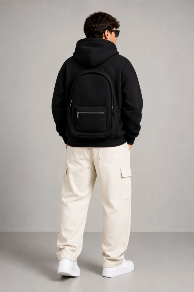 Erkek 3 İplik Şardonlu Tam Fermuarlı Kapüşonlu Arka Çanta Detaylı Sweatshirt - Siyah