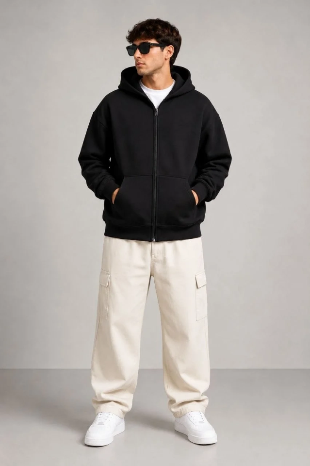 Erkek 3 İplik Şardonlu Tam Fermuarlı Kapüşonlu Arka Çanta Detaylı Sweatshirt - Siyah