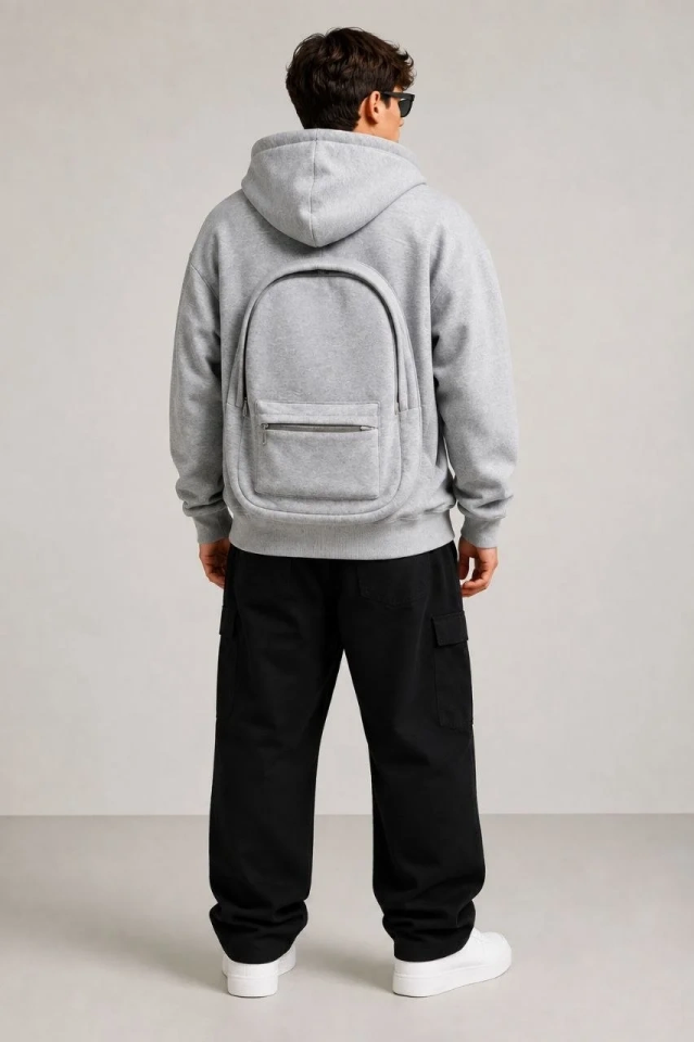 Erkek 3 İplik Şardonlu Tam Fermuarlı Kapüşonlu Arka Çanta Detaylı Sweatshirt - Gri