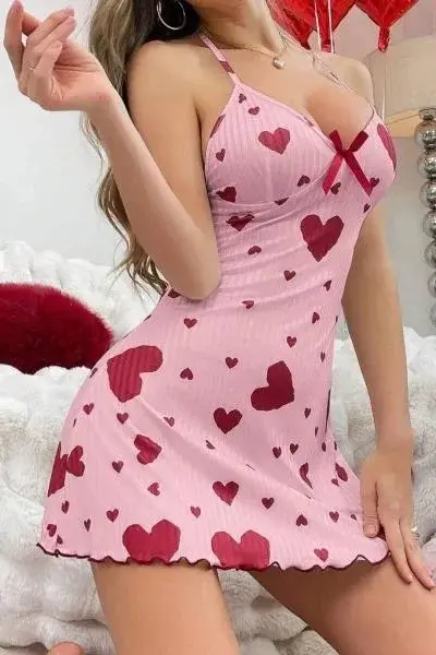 Morliva Kadın Pembe Kırmızı Kalp Desenli Askılı Sırt Dekolteli Elbise 5064