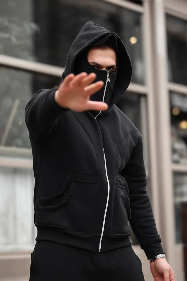 Erkek Maskeli Ninja Model Çift Kapüşonlu 3 İplik Şardonlu Fermuarlı Sweatshirt - Siyah