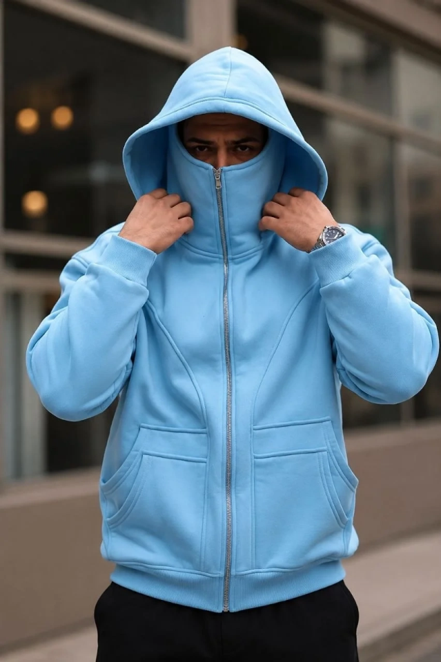 Erkek Maskeli Ninja Model Çift Kapüşonlu 3 İplik Şardonlu Fermuarlı Sweatshirt - Bebek Mavisi