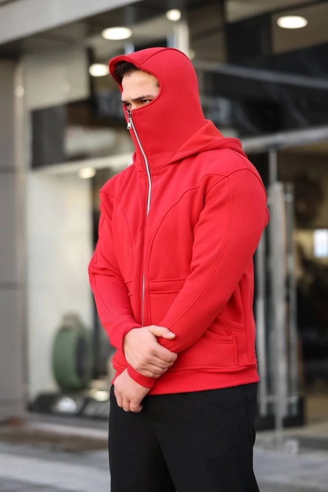 Erkek Maskeli Ninja Model Çift Kapüşonlu 3 İplik Şardonlu Fermuarlı Sweatshirt - Kırmızı