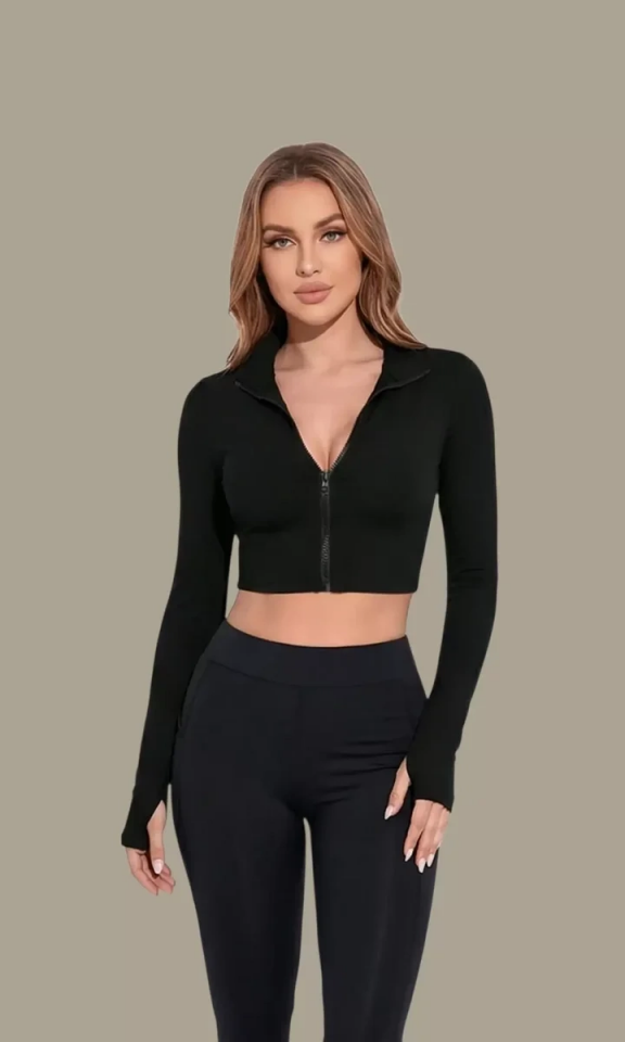 Kadın Siyah Uzun Kol Fermuarlı Parmak Geçme Detaylı Dik Yaka Crop Top Bluz
